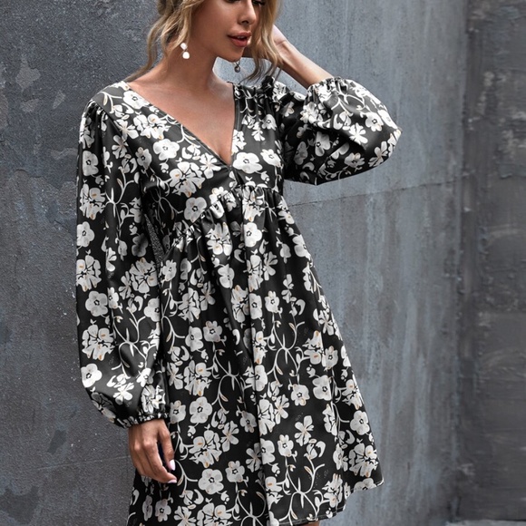 V neck open back floral print mini dress - BRICK - Picture 8 of 16